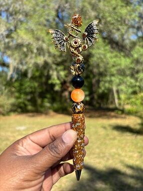 Handcrafted Dragon Wing Beaded Rhinestone Pen in Black & Orange